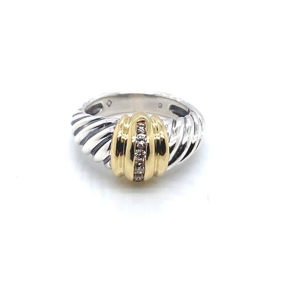 David Yurman Sterling Silver and 18K Yellow Gold Diamond Dome Cable Ring - Picture 1 of 5